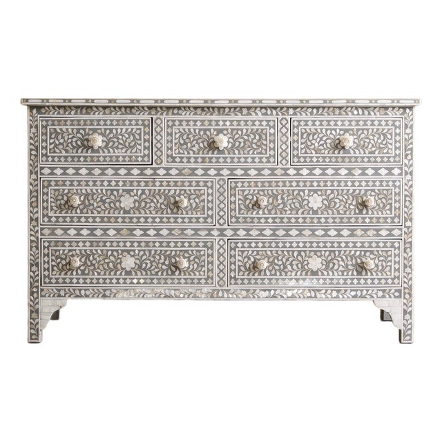 Arabesque Mother of Pearl Inlay Seven Drawer Dresser by House of Jaipur For Sale