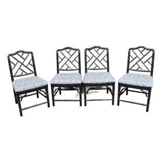 Set of 4 Hollywood Regency Ebonized Faux Bamboo Dining Side Chairs For Sale