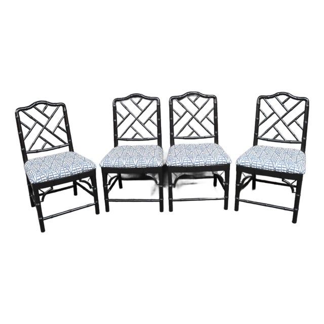 Set of 4 Hollywood Regency Ebonized Faux Bamboo Dining Side Chairs For Sale