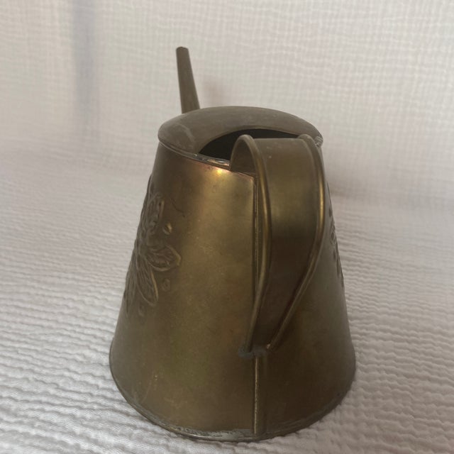 Mid 20th Century Brass Conical Watering Can With Long Spout & Floral Relief - Made in India For Sale - Image 10 of 12
