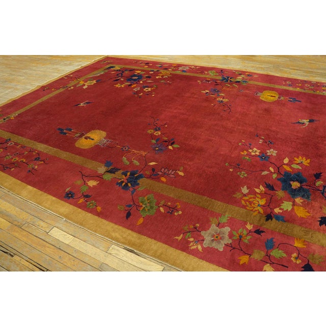 Raspberry Red Stunning Red-Raspebery Background Color With Colorful Floral Design Antique Chinese Art Deco Rug For Sale - Image 8 of 10