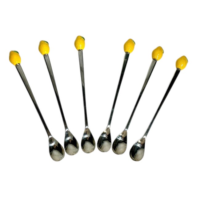 Vintage Stainless Steel Cocktail Spoons With Ceramic Lemon Finials – Lord & Taylor - Set of 6 For Sale