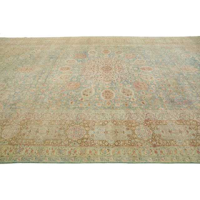 Blue Persian Antique Kerman Handmade Wool Rug With Rosette Design For Sale - Image 4 of 9