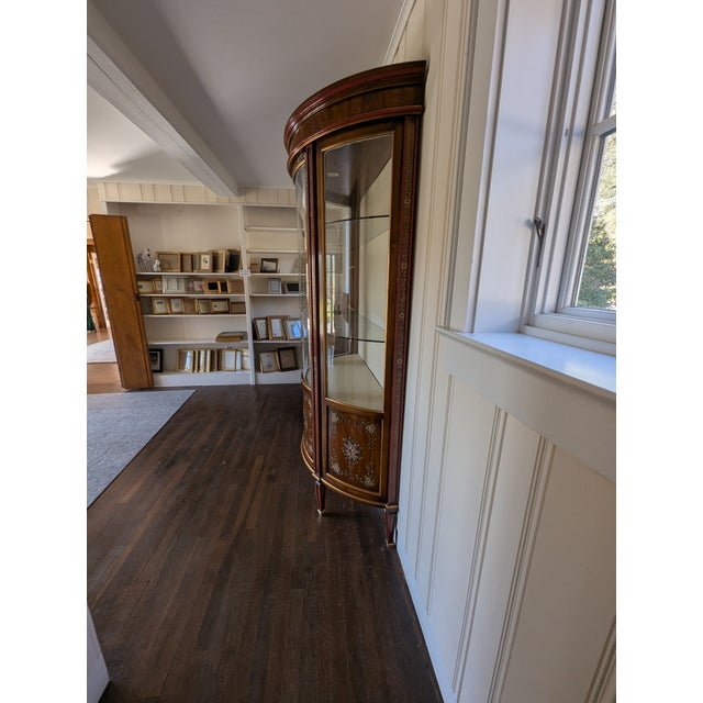Wood French Style "Etagere" With a Demilune Shape, Hand Painted Floral Marquetry and Lit Back Drop. For Sale - Image 7 of 12