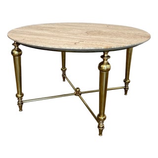 1970s Brass coffee table with travertine top in the style of Maison Ramsay For Sale