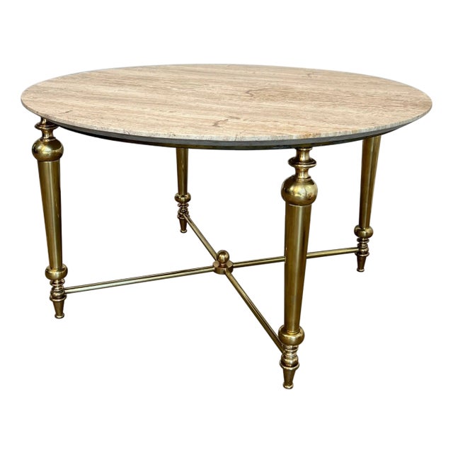 1970s Brass coffee table with travertine top in the style of Maison Ramsay For Sale