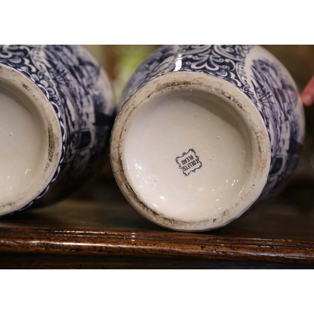 Pair of Early 20th Century Dutch Blue and White Hand Painted Faience Delft Vases For Sale - Image 12 of 12