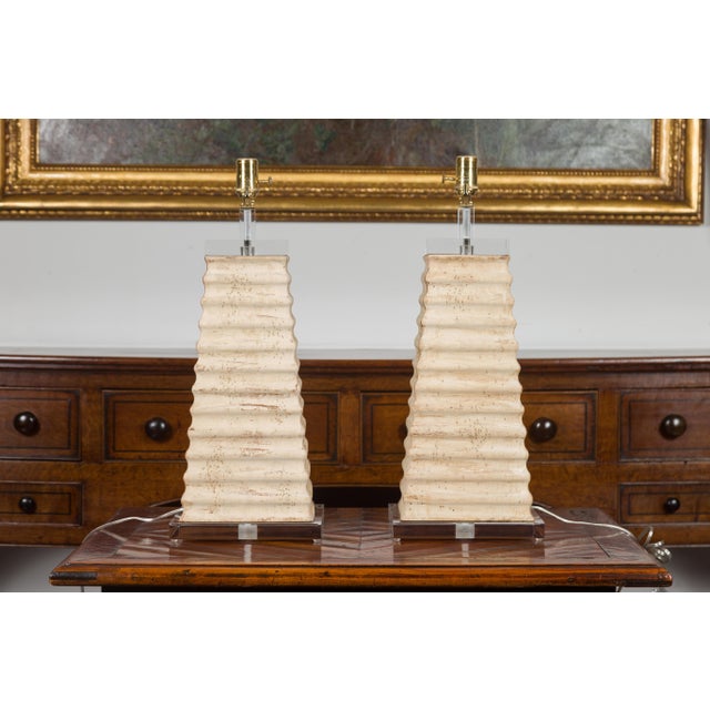 Pair of Italian Midcentury Pyramidal Shaped Fragment Table Lamps with Lucite For Sale - Image 11 of 11