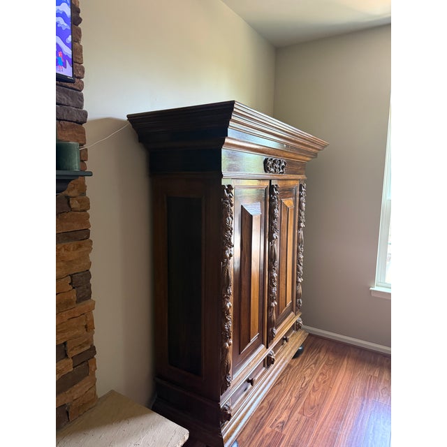 Traditional Large European Renaissance Revival Carved Oak Armoire, Circa 1930–1950 For Sale - Image 3 of 5
