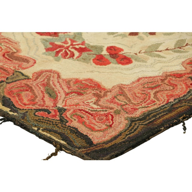 Antique Hooked Rug in Cream & Pink With Colorful Floral Medallion | Rug & Kilim For Sale In New York - Image 6 of 8