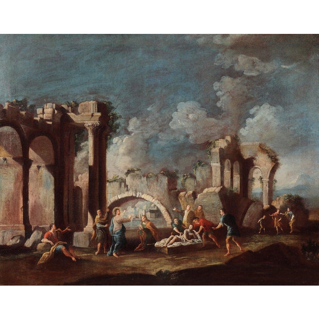 Vincenzo Re, Christ Healing a Sick Person Architectural Capriccio, 18th Century, Oil on Canvas For Sale