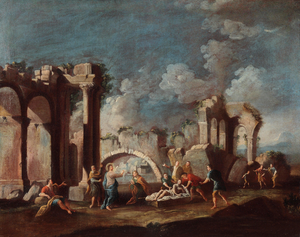 Vincenzo Re, Christ Healing a Sick Person Architectural Capriccio, 18th Century, Oil on Canvas
