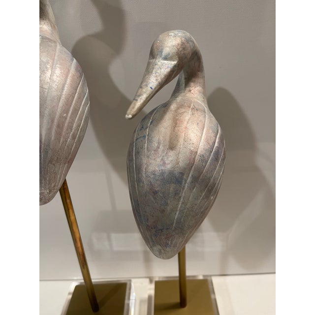Metal 1970s Hollywood Regency Silver Leaf Crane Sculptures on Thick Lucite Bases - A Pair For Sale - Image 7 of 12