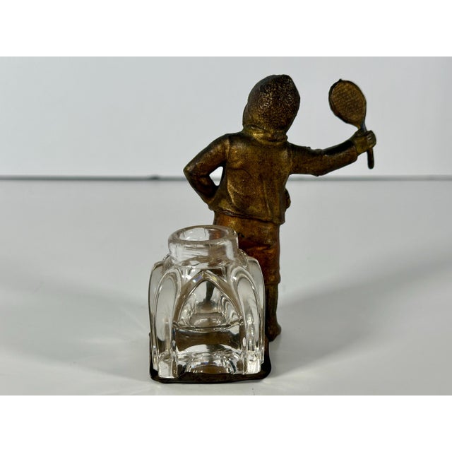 Antique Bronzed Spelter Ivorine Celluloid Sporting Tennis Figural Inkwell For Sale - Image 6 of 10