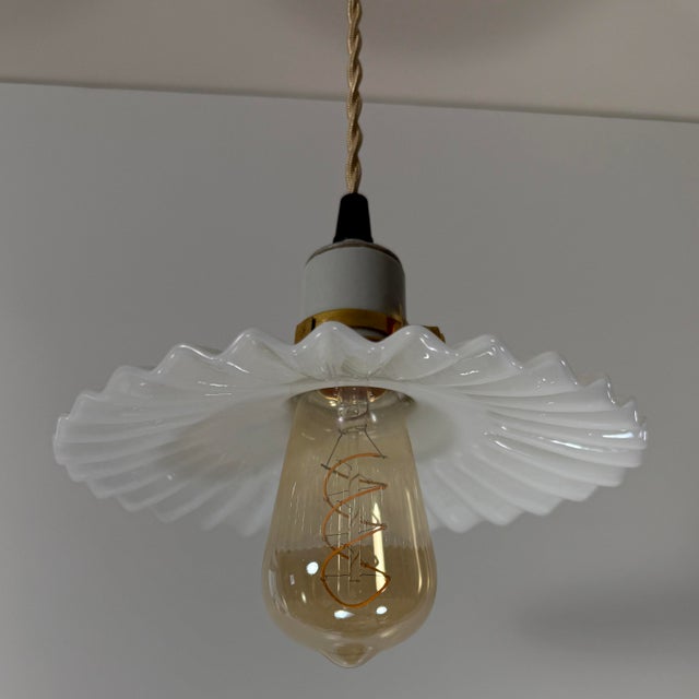 Antique White Opaline Glass “Frill” Pendant Light, 1930s For Sale - Image 4 of 7
