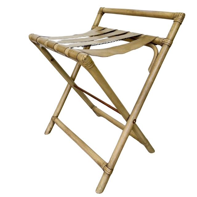 Vintage Mid-Century Faux Bamboo & Faux Leather Folding Luggage Rack For Sale In San Diego - Image 6 of 13