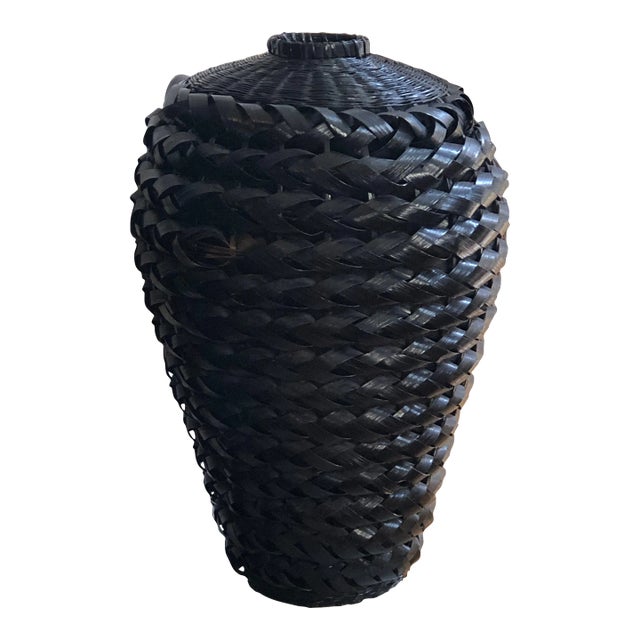 Vintage Black Lacquered Rattan Floor Basket Vase For Sale