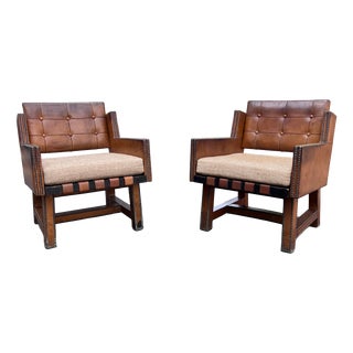 Vintage French Leather Button-Back Armchairs, 1930s, Set of 2 For Sale