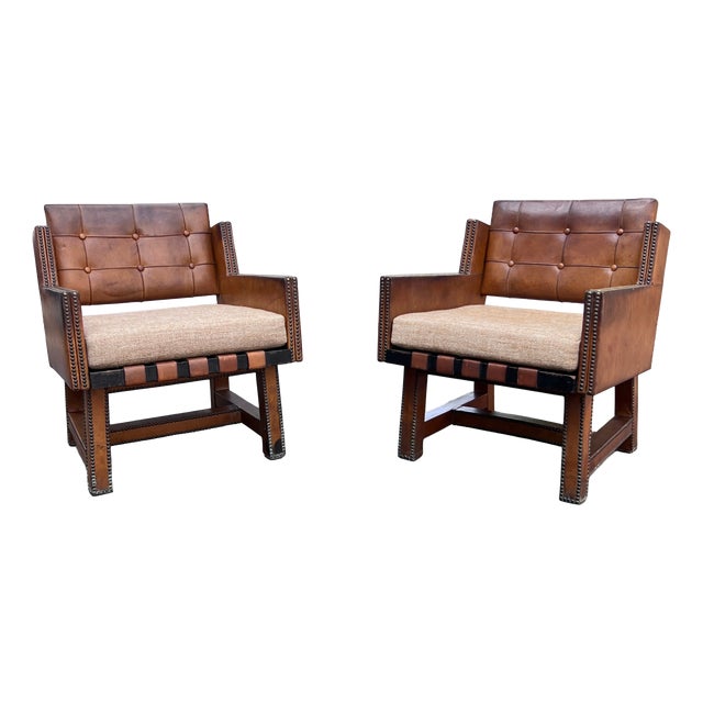 Vintage French Leather Button-Back Armchairs, 1930s, Set of 2 For Sale