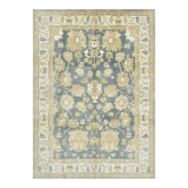 Oushak Rug 8’9” X 12’1” Blue Wool Traditional Hand-Knotted Oriental Carpet For Sale