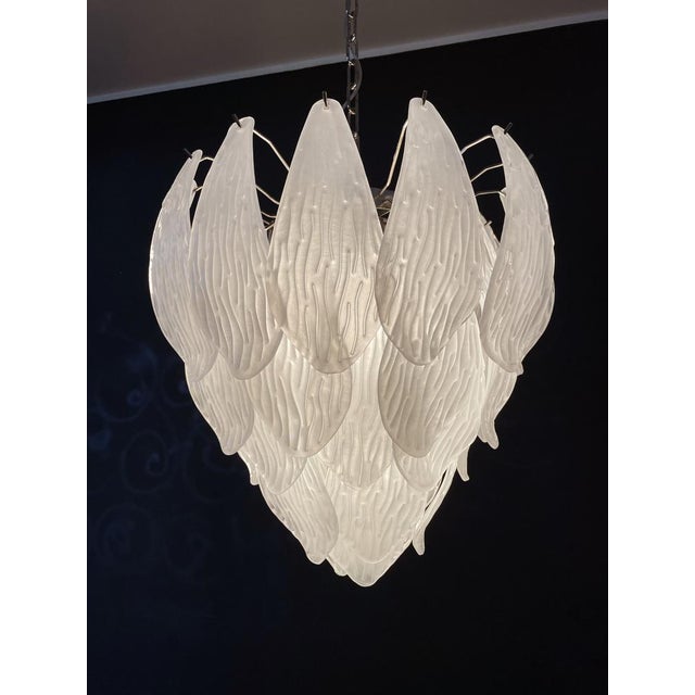 Mid-Century Modern Vintage Italian Murano Chandelier with Frosted Carved Glass Leaves, 1990s For Sale - Image 3 of 18