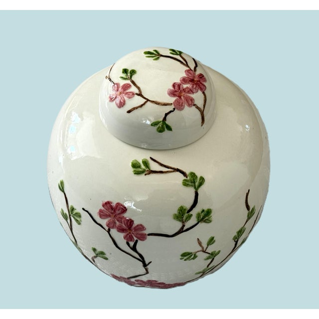 Vintage Cherry Blossom Lidded Jar — Hand‑Painted & Embossed Porcelain For Sale In New York - Image 6 of 10