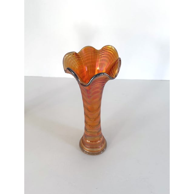 Orange Vintage Marigold Carnival Glass Swung Vases, a Pair For Sale - Image 8 of 12