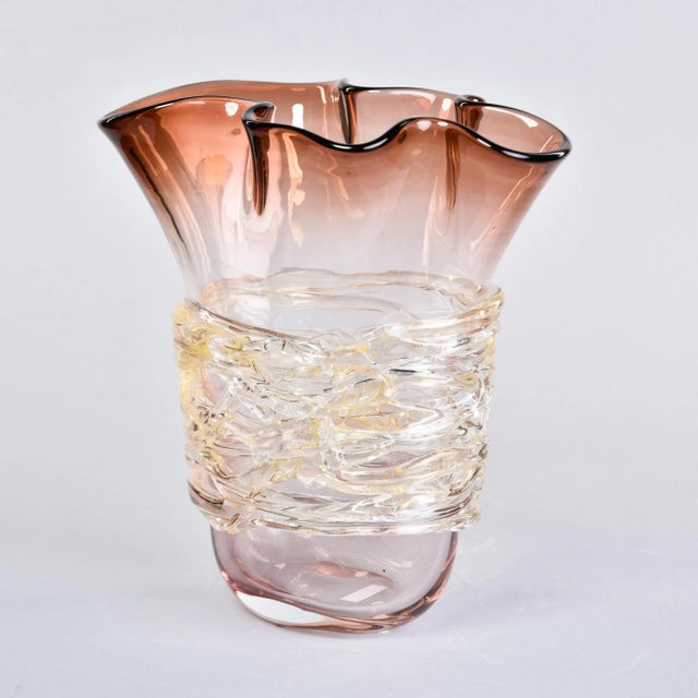 Abstract Tall Signed Murano Vase With Wide Band of Applied Stringing For Sale - Image 3 of 12