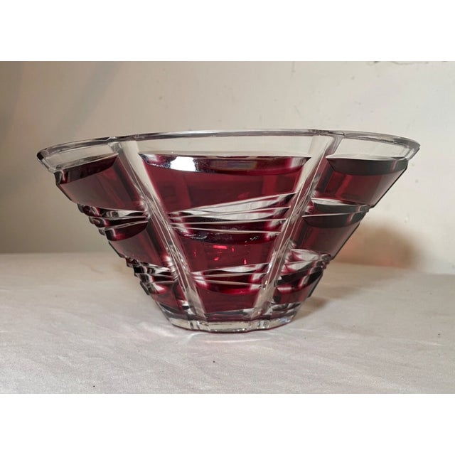 Vintage Bohemian Czech Centerpiece Cranberry Red Cut to Clear Glass Crystal Bowl For Sale In New York - Image 6 of 12