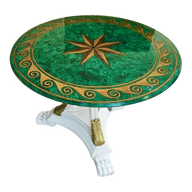 Maitland - Smith Green Malachite and Gold Starburst Occasional Table With White Bamboo and Brass Base For Sale