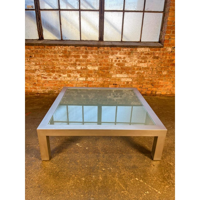 Mid-Century Modern Late 20th Century Large Square Glass Coffee Table With Brushed Aluminum Parsons Base, Modernist For Sale - Image 3 of 5