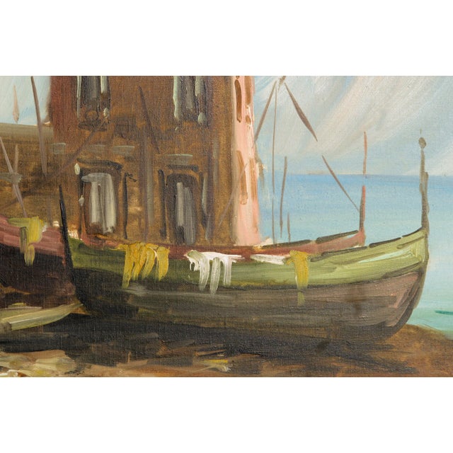 Impressionist Boats on the Shore - Figurative Italian Oil Landscape For Sale - Image 3 of 5