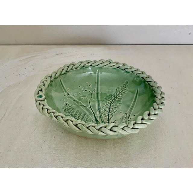 Late 20th Century Vintage Sage Green Studio Ceramic Bowl With Botanical Print - Artist Signed For Sale - Image 5 of 5