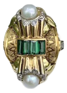 Late 20th Century German 14k Gold Pearl, Diamond & Spinel Ring, Size 7.75