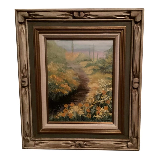 Original Oil Desert in Bloom. Signed by Alice Etchart. Western Style Frame, 19.5” W X 1.75” D X 22.5”h. Multiple Colors in Frame With Linen Lining. For Sale