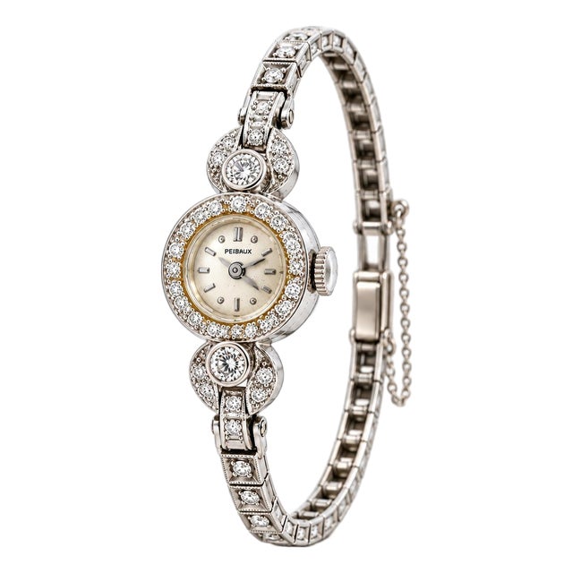 Vintage Perraux 14k White Gold Diamond Ladies Cocktail Watch For Sale