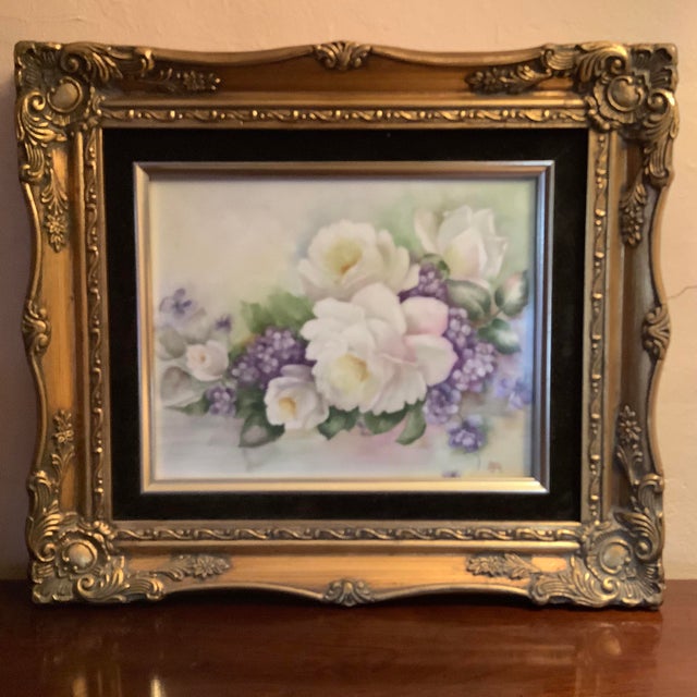 Victorian Hand Painted Porcelain Plaque Features White Cabbage Roses & Lavenders by Rose Reck For Sale - Image 3 of 13