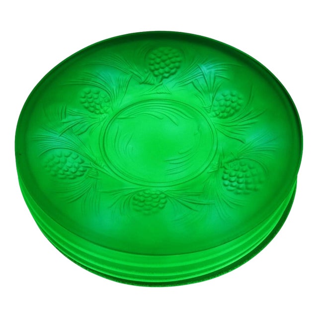 Art Deco Jobling Jade Green Fircone Uranium Glass Plates, 1930s, Set of 6 For Sale