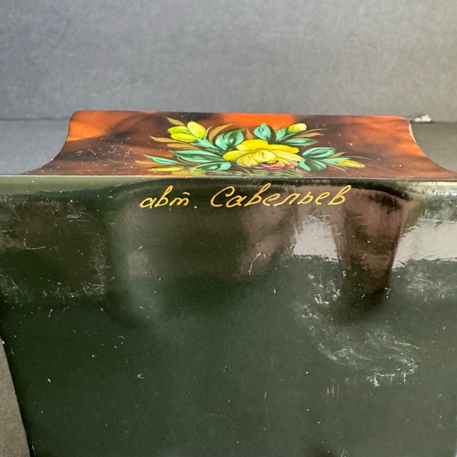 Hand Painted Floral Russian Lidded Box Lacquer Rose Artist Signed For Sale - Image 10 of 11