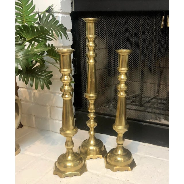Late 20th Century Brass Floor Candle Sticks Fireplace Hearth Candle Holders- Set of 3 For Sale - Image 5 of 9