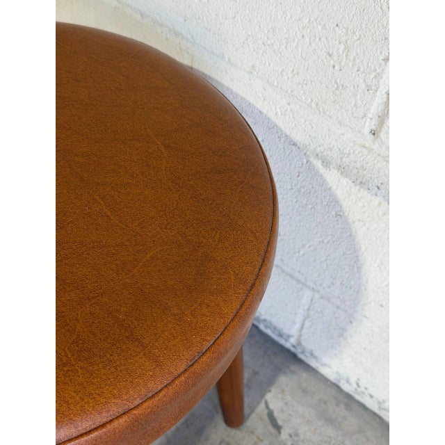 Round Brown Leather Teak Ottoman Danish Mid-Century Modern 1960s For Sale - Image 4 of 8