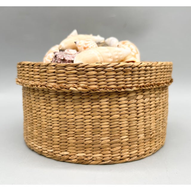 Contemporary Vintage Woven Basket Box With Seashell-Adorned Lid — Coastal / Bohemian For Sale - Image 3 of 13