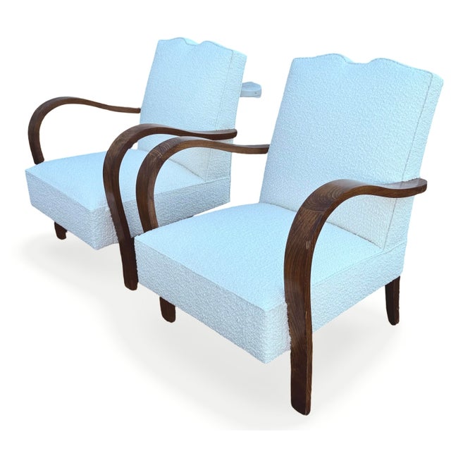 Jindrich Halabala A Pair of 1930s Art Deco “Swan Song” Armchairs in Ivory Bouclé For Sale - Image 4 of 17