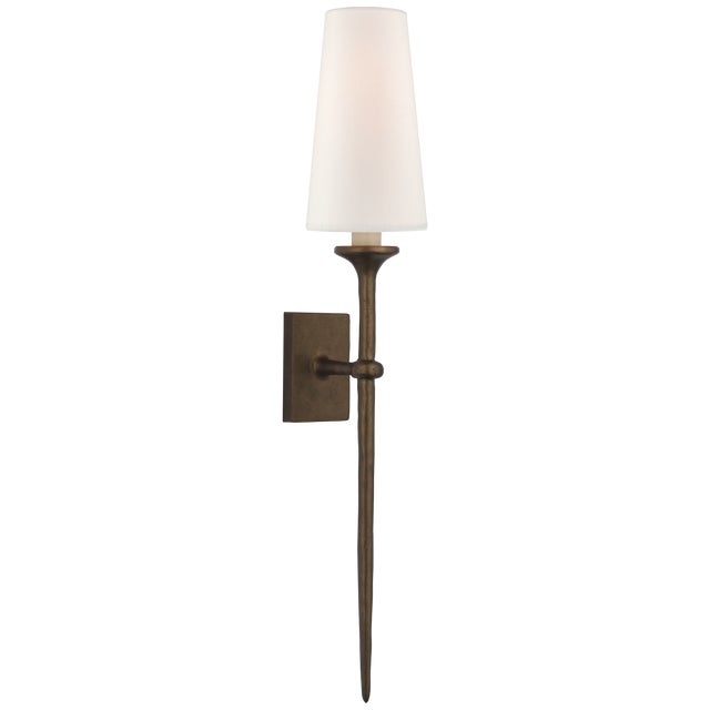 Iberia Single Sconce in Antique Bronze Leaf with Linen Shade Designer: Julie Neill Height: 26.5" Extension: 6" Backplate:...
