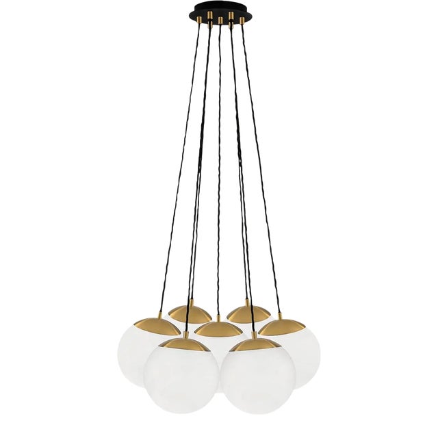 Satin Black With Brushed Brass and Matt Opal Glass Custom Bunch Ceiling Light For Sale