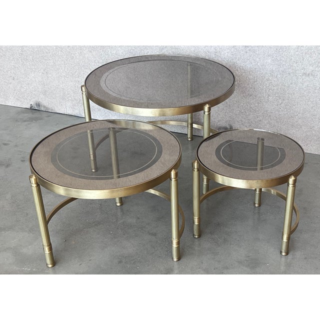 Set of Three Round Brass Nesting Tables With Smoked Pink Glass Tops For Sale - Image 10 of 12