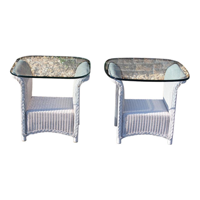 1980s Lloyd Loom Wicker Side Tables With Glass Tops—A Pair For Sale