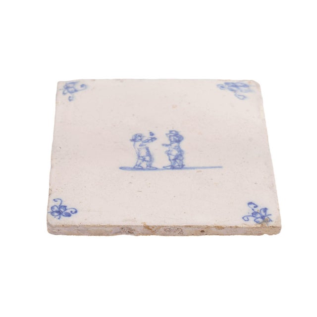 Pair of Delft Double Figure Faience Tiles in Cobalt Blue, C. 1600’s For Sale In Chicago - Image 6 of 7