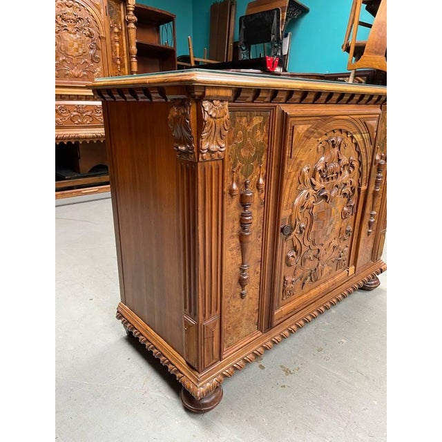 1920s Antique Hand Carved Sideboard Cabinet, Berkey & Gay, Jacobean Revival, Walnut + Burl Wood, Glass Top, Attributed For Sale - Image 5 of 8
