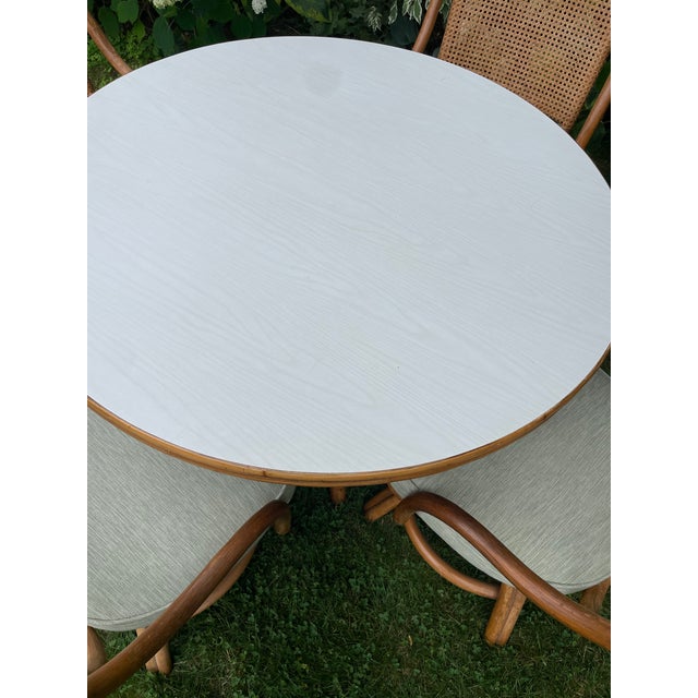 Caned Rattan Bentwood Swivel Chairs and Table Set of 5- Circa 1970s For Sale - Image 9 of 15